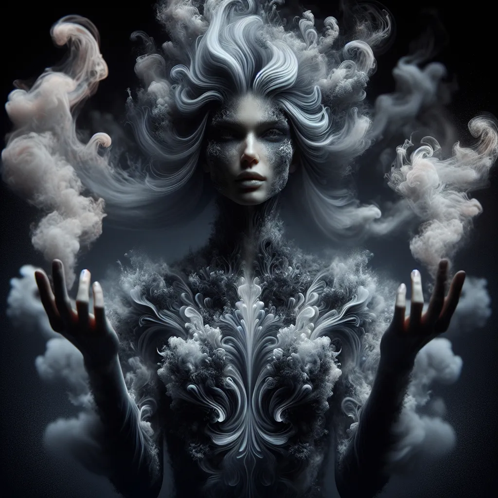 Prompt: Detailed hyper realistic gorgeous ultra-muscular 25-year-old Polish female goddess, made entirely out of smoke and wisps, tangible yet wisplike, surreal, dark colors, hyperrealistic, wispy details, surrealistic, mythological, ethereal, vibrant, supernatural, haunting, smoky texture, hyper-detailed, dark colors, gloomy theme lighting