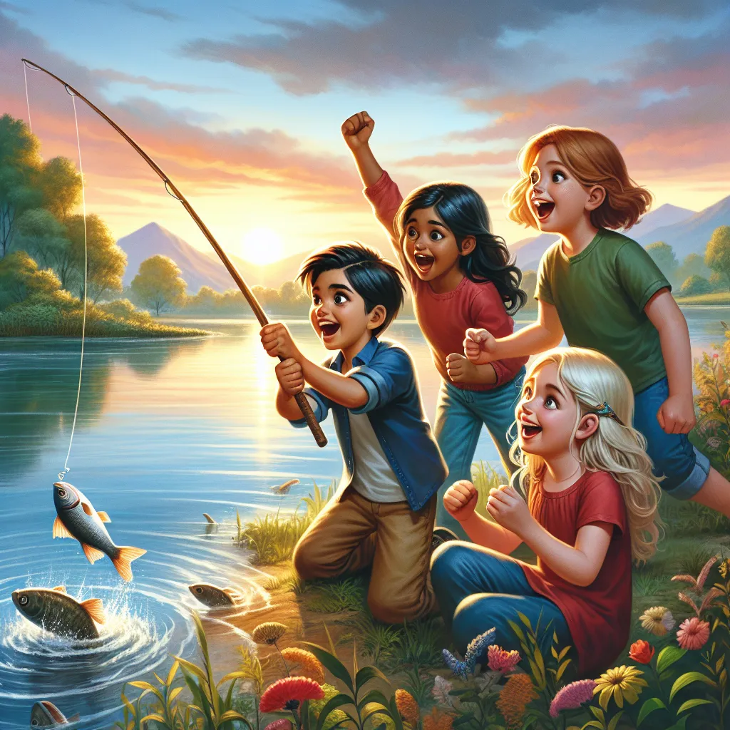 Prompt: a group of children 3 girls and 1 boy standing next to a lake catching a large fish