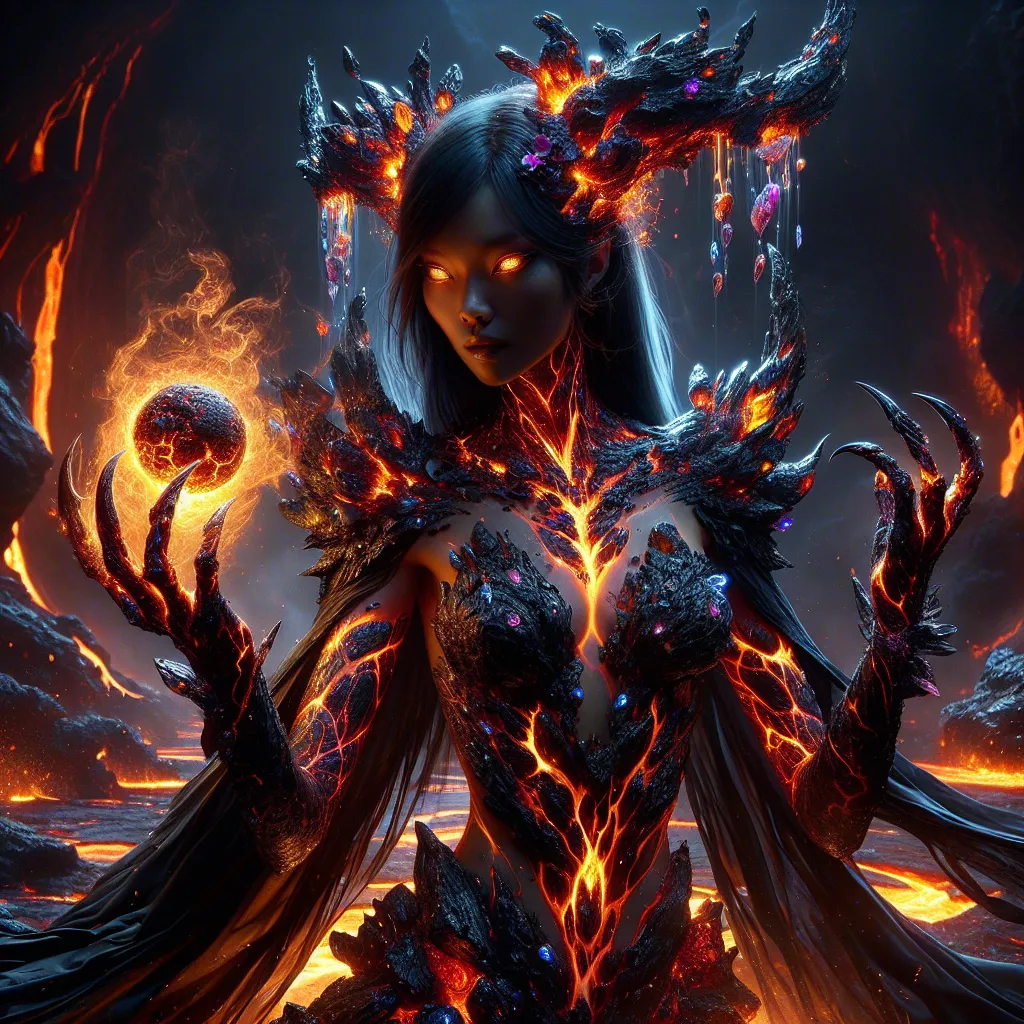 Prompt: The Obsidian Seer "A mysterious female Gog stands in the heart of a volcanic caldera, her molten-black skin glistening with fiery veins of glowing orange magma that pulse in rhythm with her heartbeat. Her towering, muscular form is adorned with jagged obsidian shards that grow naturally from her shoulders and forearms, shimmering like glass in the volcanic light. Her eyes are orbs of molten gold, radiating an ancient, unreadable wisdom. She wears a flowing mantle of volcanic ash and fire-touched fabric that moves as though alive, trailing embers with every step. In her clawed hands, she cradles a glowing, molten orb of primordial fire, a source of immense power and prophecy. Around her, the ground cracks and smokes, and the air shimmers with heat as the very earth responds to her will."