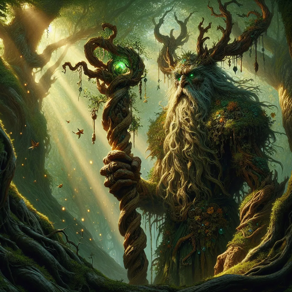 Prompt: The Elder Grove Sentinel "A towering male treant, his bark-like skin ancient and weathered, stands vigil in a sacred grove illuminated by soft, golden sunlight filtering through the dense canopy above. His massive limbs are adorned with moss, vines, and blooming flowers, and his glowing emerald eyes radiate wisdom and an unyielding determination to protect the forest. His gnarled hands clutch a colossal wooden staff, intricately carved with runes of natural magic and adorned with dangling crystals that hum with life energy. Around him, the forest seems to respond to his presence—roots writhe protectively, trees sway as if alive, and glowing spores drift like tiny lanterns through the air. The whispers of ancient spirits echo softly as he prepares to defend his domain against encroaching threats."