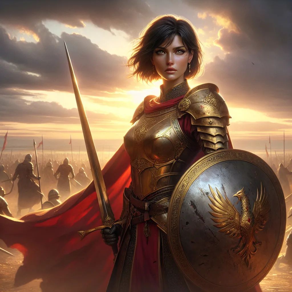 Prompt: The Blazing Vanguard "A resolute female human warrior stands amidst a battlefield at dawn, her polished, golden armor catching the first rays of sunlight. Her strong, angular features are framed by short, wind-swept black hair, and her piercing blue eyes burn with determination. A crimson cape billows behind her, its edges singed from countless battles, and her shield—emblazoned with the symbol of a phoenix—bears the scars of fierce combat. In her hand, she wields a radiant longsword that glows faintly with divine light, a gift from the gods to aid her crusade against darkness. Around her, the tide of battle begins to turn as her unwavering courage inspires her allies to rally. The ground beneath her feet is scorched and littered with remnants of shattered weapons, but she stands tall, a beacon of hope against overwhelming odds. Overhead, the sky clears as if her presence alone banishes the storm."