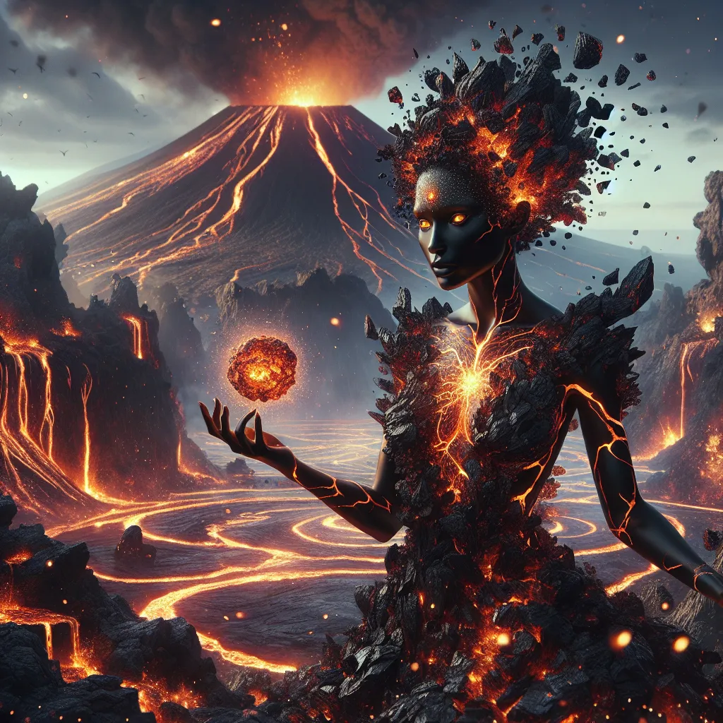 Prompt: The Obsidian Seer "A mysterious female Gog stands in the heart of a volcanic caldera, her molten-black skin glistening with fiery veins of glowing orange magma that pulse in rhythm with her heartbeat. Her towering, muscular form is adorned with jagged obsidian shards that grow naturally from her shoulders and forearms, shimmering like glass in the volcanic light. Her eyes are orbs of molten gold, radiating an ancient, unreadable wisdom. She wears a flowing mantle of volcanic ash and fire-touched fabric that moves as though alive, trailing embers with every step. In her clawed hands, she cradles a glowing, molten orb of primordial fire, a source of immense power and prophecy. Around her, the ground cracks and smokes, and the air shimmers with heat as the very earth responds to her will."