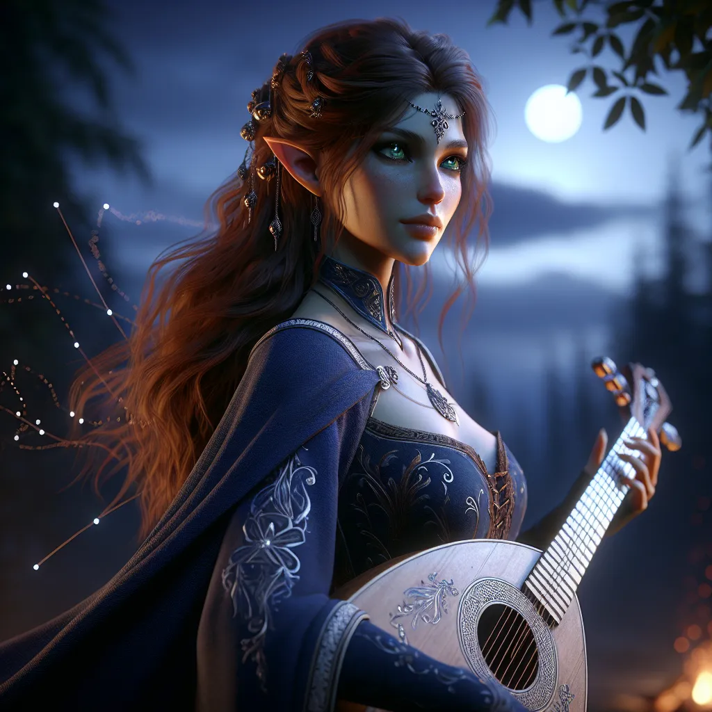 Prompt: The Wandering Bard "A captivating female half-elf stands beneath a twilight sky, her elegant figure silhouetted against the soft glow of a distant campfire. Her long, chestnut-brown hair is loosely braided, interwoven with small charms and beads that jingle softly with each movement. Her almond-shaped green eyes sparkle with both mischief and a deep well of untold stories. She wears a flowing cloak of midnight blue, its edges embroidered with silver patterns resembling constellations, and a snug leather bodice adorned with intricate floral carvings. Across her back is slung a lute with a beautifully carved neck and gleaming strings, and at her side, a dagger rests discreetly in its sheath. As she strums a haunting melody, the air around her seems to shimmer; her music weaves magic into the night, calming restless souls and kindling the imaginations of her listeners. Around her, a small gathering of travelers sits entranced, their faces illuminated by the flickering firelight, caught in the spell of her voice and song."