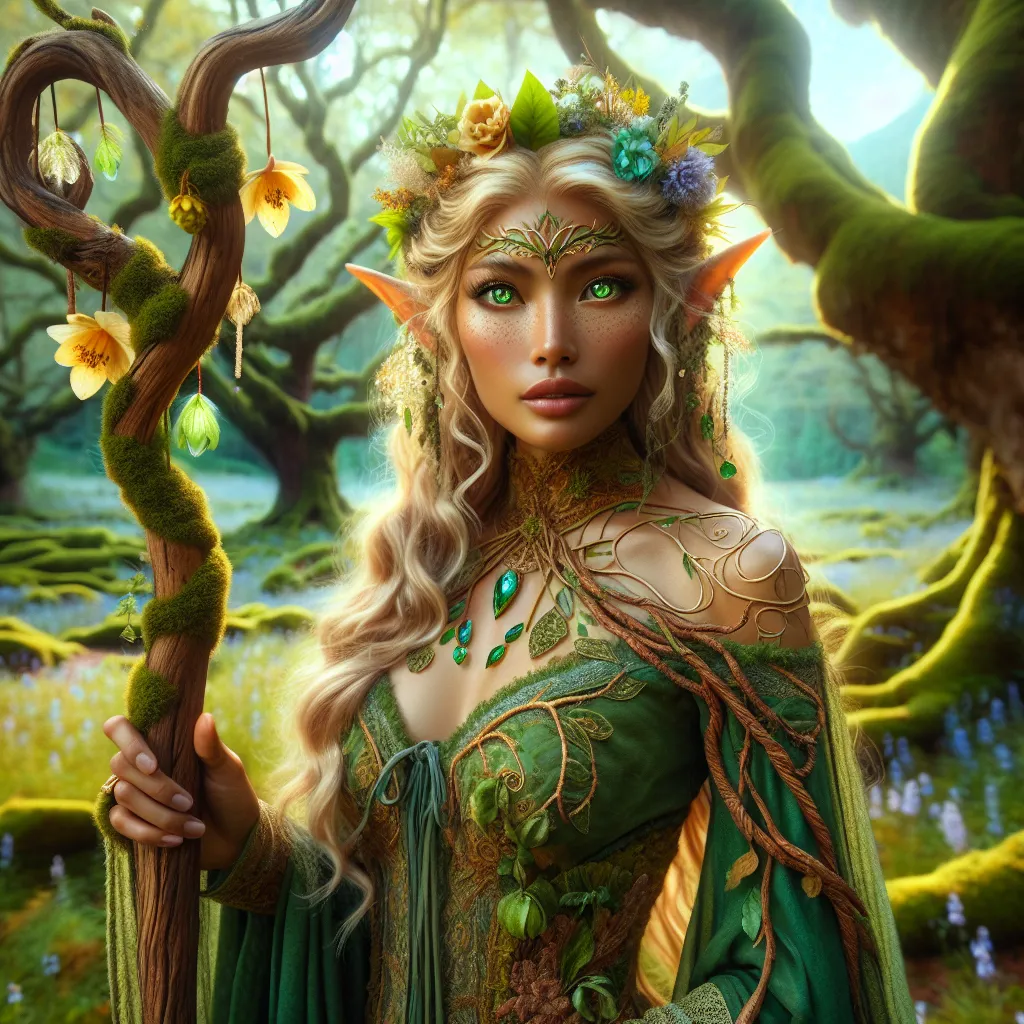 Prompt: The Emerald Grove Keeper "A graceful female high elf druid stands at the center of a sacred grove, her golden hair cascading like sunlight over her shoulders, adorned with woven vines and blooming flowers. Her radiant, emerald-green eyes glow faintly with an ancient wisdom, reflecting the vibrant life around her. She wears robes of shimmering forest hues, woven with enchanted leaves and adorned with intricate embroidery that resembles the patterns of tree bark and flowing rivers. In her delicate hands, she holds a gnarled oak staff crowned with a cluster of glowing crystals and living moss, radiating natural energy. Around her, the grove thrives with life: ancient trees hum softly with magic, wildflowers bloom in a kaleidoscope of colors, and animals—both mundane and mystical—gather in quiet reverence. The air is filled with the gentle rustle of leaves and the soothing whispers of the wind, as if the grove itself speaks in harmony with her presence."