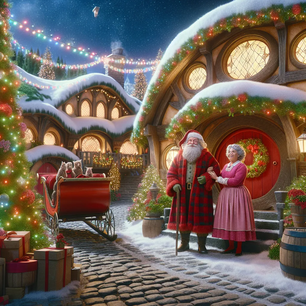 Prompt: (ultra-detailed) photorealistic depiction of a cozy Christmas day in a charming hobbit-style town, featuring Santa's sleigh, Mrs. Claus in a very short, deep-cut pink satin outfit, smile, Santa in a classic red flannel suit, surrounded by decorated evergreen trees and twinkling Christmas lights, warm and festive ambiance, inviting atmosphere, vibrant colors, magical winter scene.