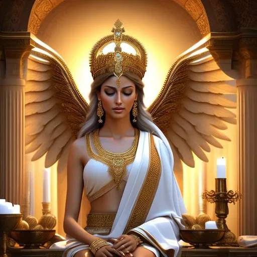 Prompt: HD 4k 3D 8k professional modeling photo hyper realistic beautiful woman ethereal greek goddess of mercy
bronze hair blue eyes gorgeous face brown skin beautiful shimmering grecian dress angel wings halo crown sitting on altar full body surrounded by heavenly glowing light hd landscape background falling rain in religious temple 