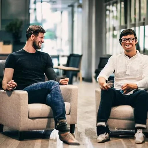 Prompt: 2 people sitting in a chair facing each other, One comes for his own benefit; Another is smiling because he wants to be his best friend