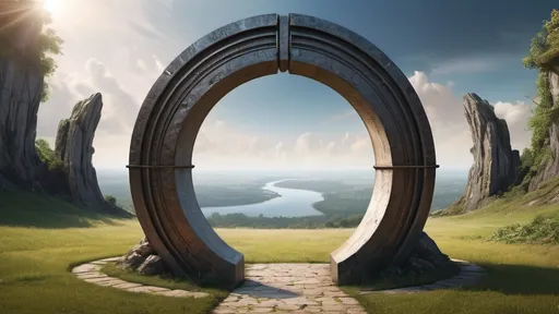 Prompt: circular portal, gateway between worlds, gateway leading to a different world, ring, ring standing on edge, freestanding ring, complete ring, panoramic view