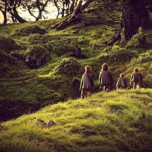 Prompt: The hobbits walking up a forest hill. Beautiful green forest. Distant landscapes. Cinematic 