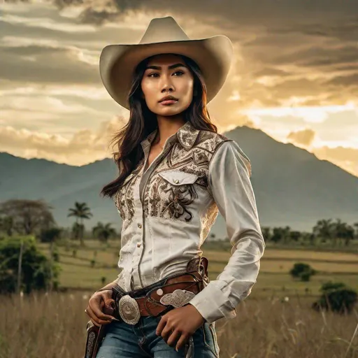 Prompt: RAW photo, shot from below, pretty young Indonesian cowgirl, 25 year old, (round face, high cheekbones, almond-shaped brown eyes, small delicate nose), holding pistols, gunslinger, checked shirt, white cowboy hat, dynamic pose, background tropical plain with mountains, masterpiece, intricate detail, 8K