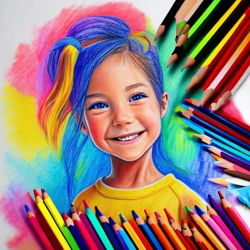Prompt: a painted with pencils happy girl,  buying a big sport bag, picture is full of yellow, red, light blue colors