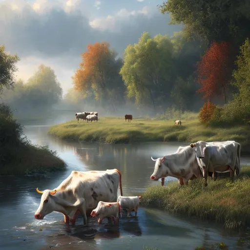 Prompt: Digital painting, realistic paint 8k, hyperrealistic, river, cows