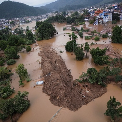 Massive Mudslide Destroying Big Urban Area, Brown Wa...