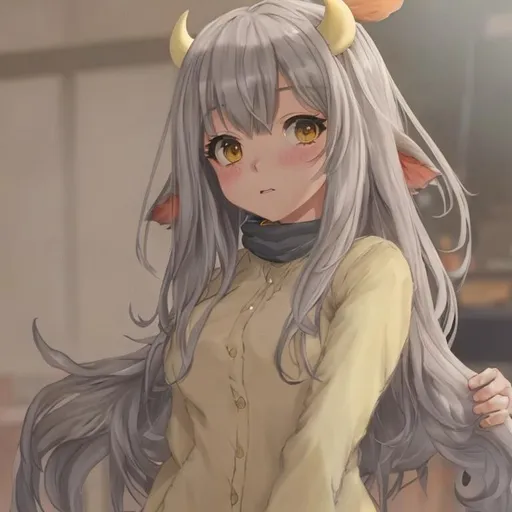 Prompt: cute cow girl, standing up, yellow clothes, grey hair, black scarf, amber anime eyes, lowset fluffy cow ears, horns, fluffy cow tail, pastel colors, 8k, blushing