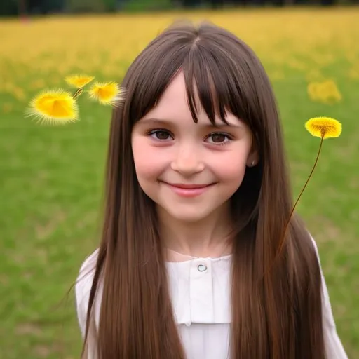 Prompt: A 7 year old girl with straight long brown hair holding a dandelion