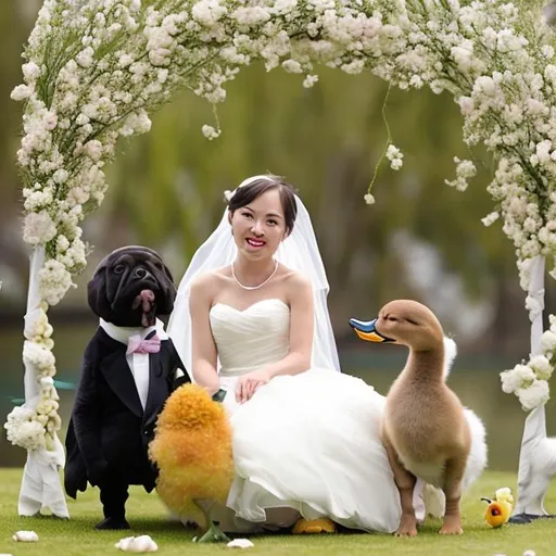 Prompt: A puppy and duck's wedding


