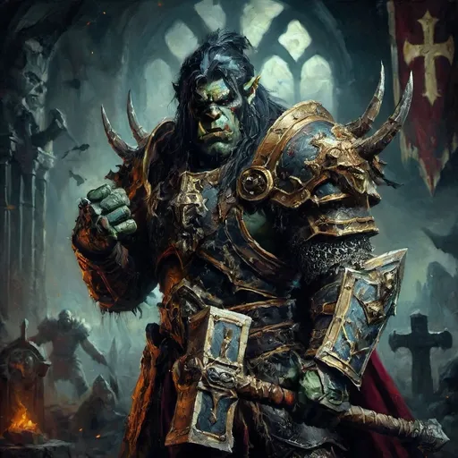 Prompt: male orc warcleric in detailed armor, gripping a sturdy Warhammer and shield, striking a confident pose, captivating dark fantasy atmosphere, moody lighting, richly colorful accents enhancing his fierce appearance, deep contrasts illuminating his grey skin, flowing black hair, dramatic background featuring eerie ruins and shadowy figures, ultra-detailed, 4K quality.