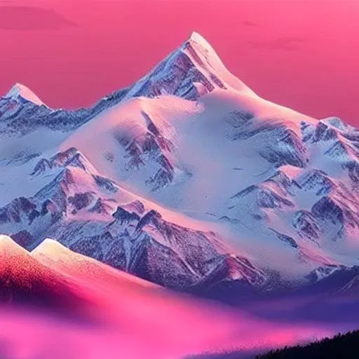 Prompt: A hyper realistic Himalayan mountain  with a pink sky super realistic
