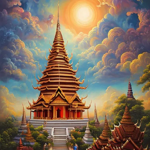 Prompt: A small traditional Thai pagoda in the middle of the sky oil painting and fantasy 