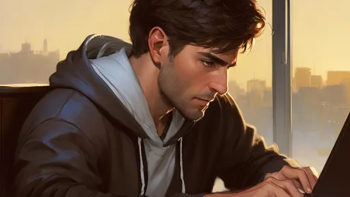 Prompt: portrait of a man with short brown hair wearing a hoodie working on a laptop ((Steve Henderson Fabian Perez Henry Asencio Jeremy Mann Marc Simonetti)), highly details, illustration, digital painting, 8k, unreal engine 5