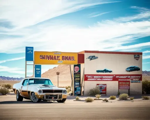 Prompt: ad broadwall  Nevada Desert, sideway muscle car monte carlos 75's, high details,  clone this picture, 