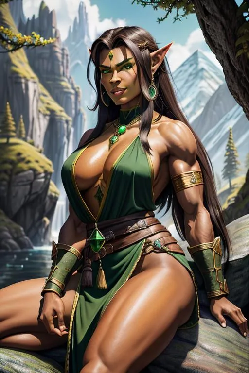 Prompt: oil painting, D&D fantasy, {16 years old}, ({green skinned}) extremely muscular tall orc girl, green-skinned-female, sitting on rock, {COLOSALLY BREASTED}, beautiful face, feminine face, {long wild honey brown hair}, pointed ears, fanged teeth, looking at the viewer, {wearing woolen dress}, UHD, hd, 8k eyes, detailed face, big yellow anime eyes, 64k eyes, {bright yellow eyes}, {wide thick feminine lips}, straight nose, high cheekbones, long eyelashes, {extremely wide hips}, thick thighs, {massive buttocks} intricate details, insanely detailed, masterpiece, cinematic lighting, complementary colors, octane render, volumetric lighting, unreal 5, 64k, artwork, concept art, cover, top model, light on hair, colorful glamourous hyperdetailed mountain background, ultra-fine details, hyper-focused, deep colors, dramatic lighting, ambient lighting god rays, flowers, garden | by sakimi chan, artgerm, wlop, pixiv, tumblr, instagram, deviantart