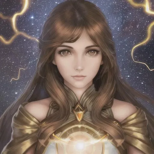 Prompt: A high quality woman with brown hair and hazel eyes with a photo realistic face surrounded by stars a golden glowing string, fantasy, science fiction, beautiful, 