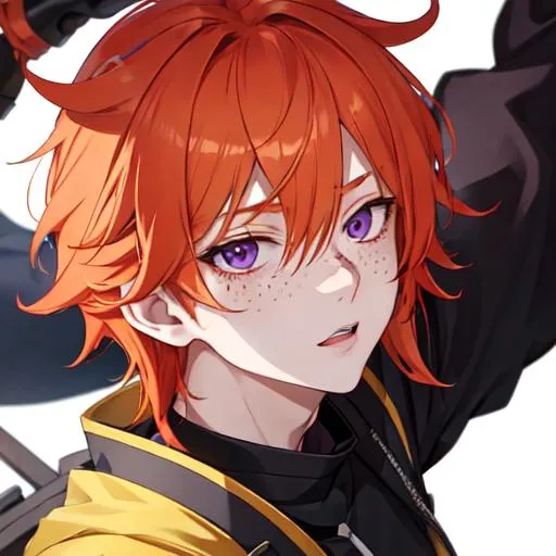 Prompt: Erikku male adult (short ginger hair, freckles, right eye blue left eye purple)  UHD, 8K, insane detail anime style, looking to the side