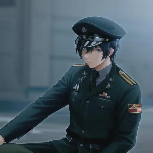 Prompt: anime male soldier in tank with black hair that is asian with a tank commander hat