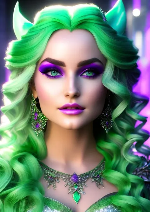 Prompt: High-resolution hyperrealistic photo of clea-the-sorceress-supreme merged with amora-the-enchantress, {platinum-blond hair}, purple and green costume, photorealistic, highly detailed, uhd, hdr, 64k