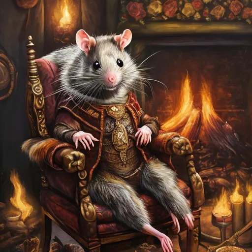 Prompt: oil painting of a rat dressed like a lord, sat in a arm chair, next to a open fire.