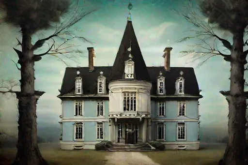 Prompt: black gothic mansion surrounded by pale blue sky, pine trees, surreal, intricate, detailed, Christian Schloe