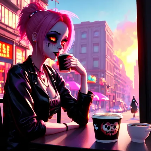 Prompt: Cute Pixar style painting of a zombie woman, veiny skin, pink hair, sitting at a cafe, wearing goth outfit, apocalypse, ((city street on fire)), ruins, coffee, dirty, trash, muted color pallette, ((buildings on fire)), ultra realistic, soft light, dusk, sunset, backlit, vaporwave