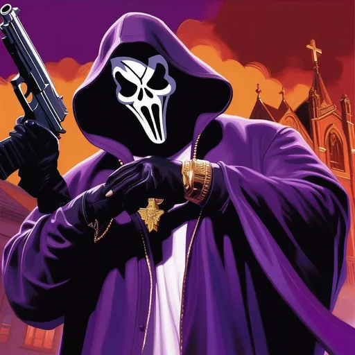 Prompt: Ghostface from Scream in Saints Row, guns, cartoony, purple atmosphere, extremely detailed painting by Greg Rutkowski and by Henry Justice Ford and by Steve Henderson