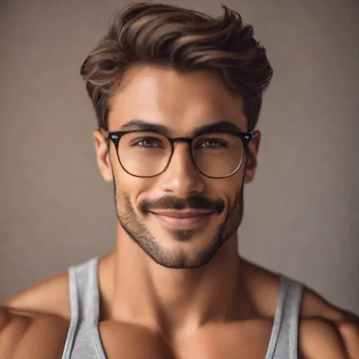 Prompt: Professional photoshoot of a pretty, muscular, nerdy, male model, with a small mustache and stubble, in tight clothes, wearing glasses, smiling, {defined shredded musculature, broad shoulders}, {sultry}, center frame, studio light, intricate detail, best quality