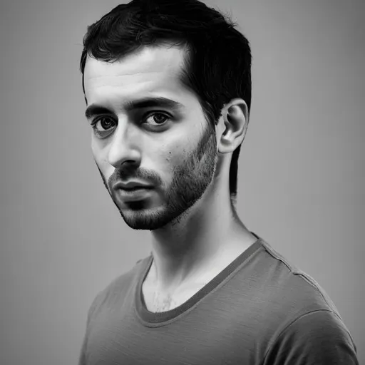 Prompt: Javier Martínez, software developer, 28 years old, Portrait (M) Photography, natural lighting, soft and flattering shadows, neutral background, capturing emotions and personality, minimalistic composition, black and white or muted colors, high-resolution image with crisp details.
