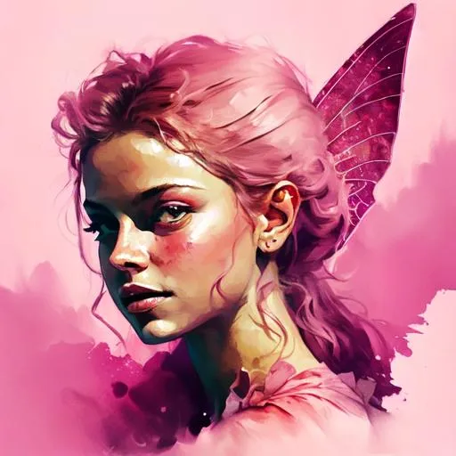 Prompt: fairy goddess, hot pink colors, sky background, closeup