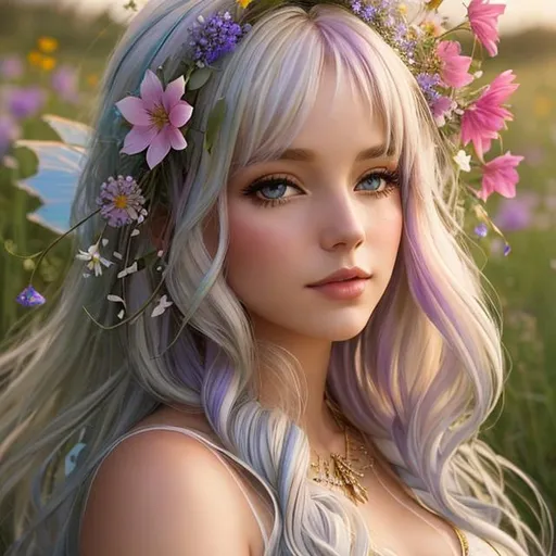 Prompt: a fairy goddess , etherial, light colored hair,surrounded with wildflowers