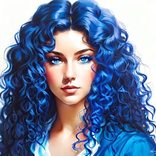 Prompt: Lady all in blue, Long curly hair, sapphire blue eyes, face front, blue fashion