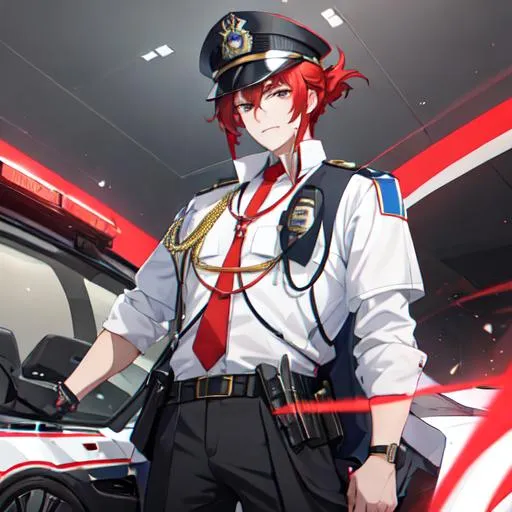 Prompt: Zerif 1male as a male police officer (Red side-swept hair covering his right eye)UHD, 8K, Highly detailed, insane detail, best quality, high quality, wearing a blue male police uniform, anime style, tilting his hat, standing in front of a cop car