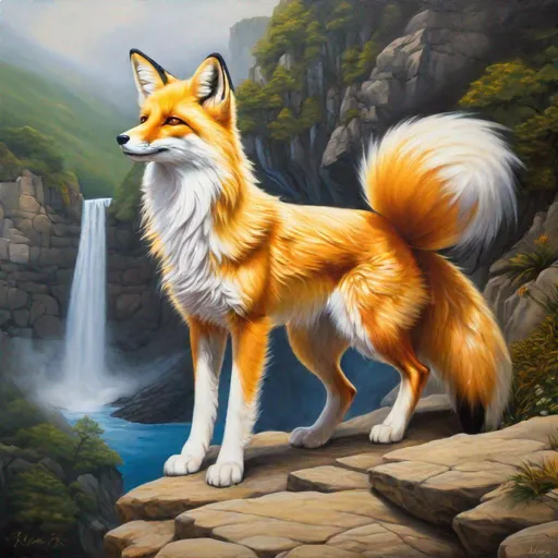 Prompt: hyperrealistic, best quality, professional oil painting, anime, masterpiece, nine-tailed female fox sitting on a cliffside, golden fur, head cautiously bent forward, thick silky white-gold mane, nine tails, kitsune, gorgeous cliffside waterfall, rainbow, shy, timid, cautious, plump, perfect composition, highly detailed, (sharp expressive detailed eyes:3), UHD, HDR, unreal engine, high octane render, 8k, intricate detail, 8k eyes, yuino Chiri, golden ratio, high octane, cinematic, intricately detailed mouth, highly detailed paws, breathtaking scenery, majestic sunrise