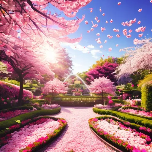 Prompt: Anime background, garden, blurry, pink, sun light, European style garden, cute, petals flying, flowers, Sakura, cherry blossoms 