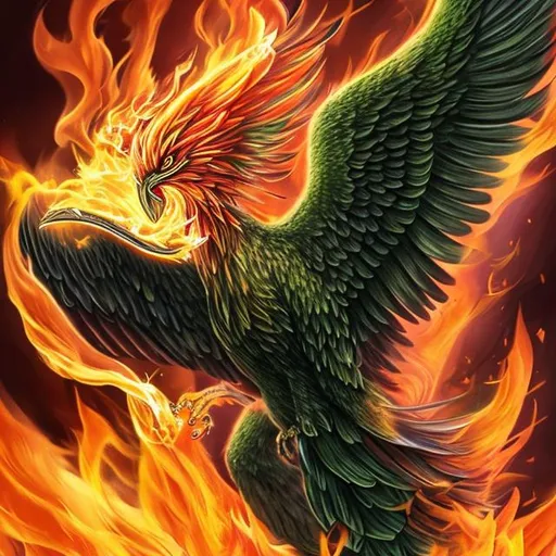 Prompt: A realistic photo of a Phoenix rising from flames holding a cannabis leaf in its beak