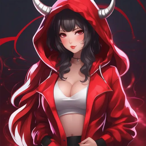 Prompt: Create a captivating digital artwork of a waifu anime devil girl exuding confidence, characterized by her alluring wide hips and thick thighs. Envision her in a unique ensemble of a stylish hoodie and biker shorts, capturing the perfect balance between seduction and empowerment.