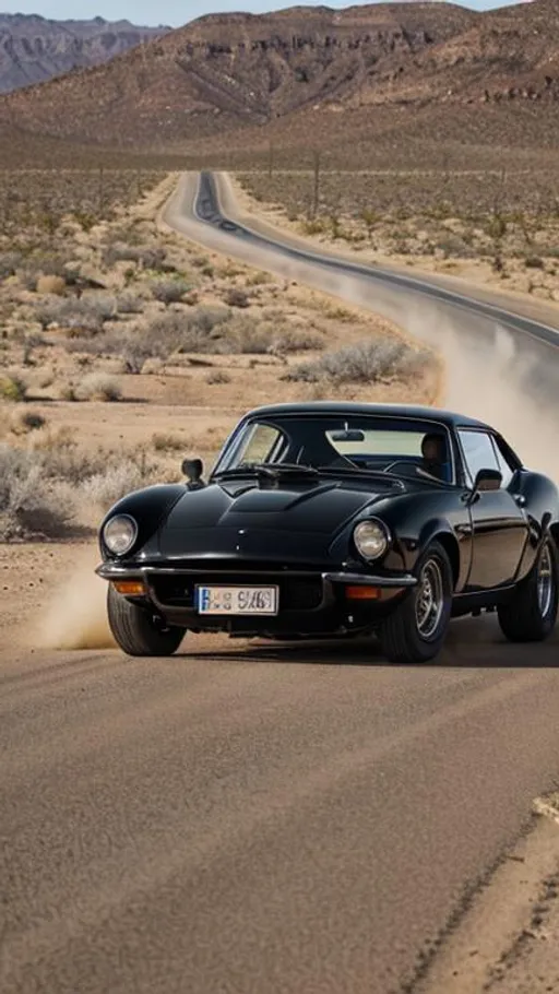 Prompt: Black classic sport car , in the desert road with a little bit dust 
