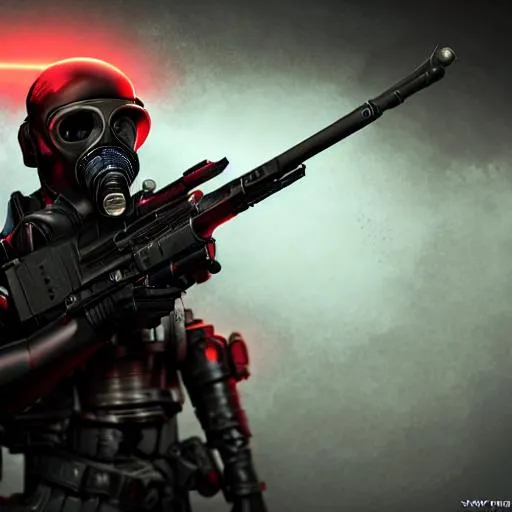 Prompt: Portrait A Hitman carrying Sniper Rifle, with gas mask black color, cybernetic armor sci fi red dark, a dark sci - fi horror portrait futuristic sci-fi armor made of metal plates, cinematic lighting, smooth, high detail, dark fantasy, ominous, unreal engine, by Vitaly Bulgakov art station, golden rule, fog volumes, misty, light bloom, fantastic depth,8k,smooth