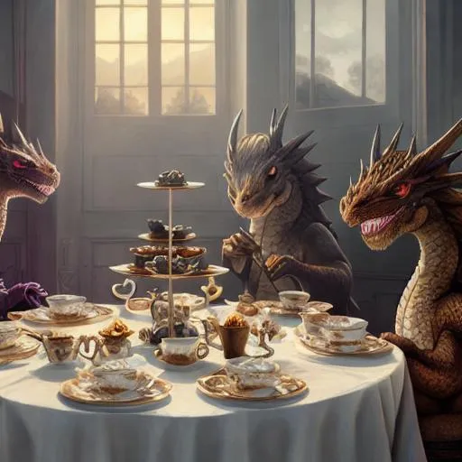 Prompt: colorful dragons having a tea party, and a cute face, perfect composition, hyperrealistic, super detailed, 8k, high quality, trending art, trending on artstation, sharp focus, studio photo, intricate details, highly detailed, by greg rutkowski, illustration, watercolor