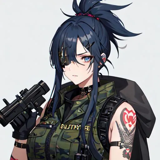 Prompt: (blue Messy hair with front spikes) wearing a eye patch that covers her right eye, wearing a camo military uniform, tattoos on her arms, holding a gun, nuclear fallout