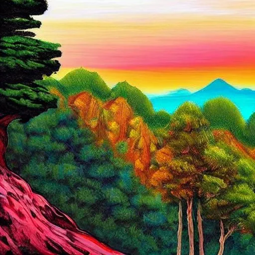Prompt: lonely tree on cliff, mountain range, brilliant colors Bob Ross style