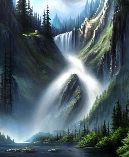 Prompt: a painting of a mountain range with a waterfall coming down from the mountains leading into a narrow lake in the foreground lined with pine forests, gloomy, Game of Thrones, volumetric lighting, fantasy artwork, very beautiful scenery, very realistic painting effect, hd, hdr, cinematic 4k wallpaper, 8k, ultra detailed, high resolution, artstation, concept art, 8k post-processing